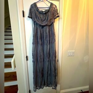 Blue Lace Mesh Overlay Off Shoulder XL Maternity Maxi Dress